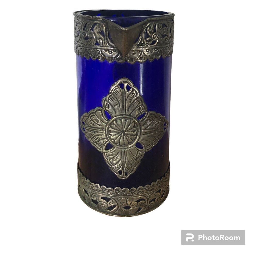 Cobalt Blue Glass Pitcher with Silver Toned Filigree Design 64oz Art Deco